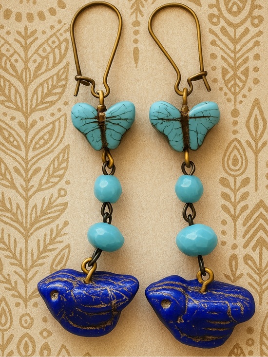 Handmade Jewelry - Turquoise & Cobalt Blue Bird Drop Earrings • Handmade Boho Statement